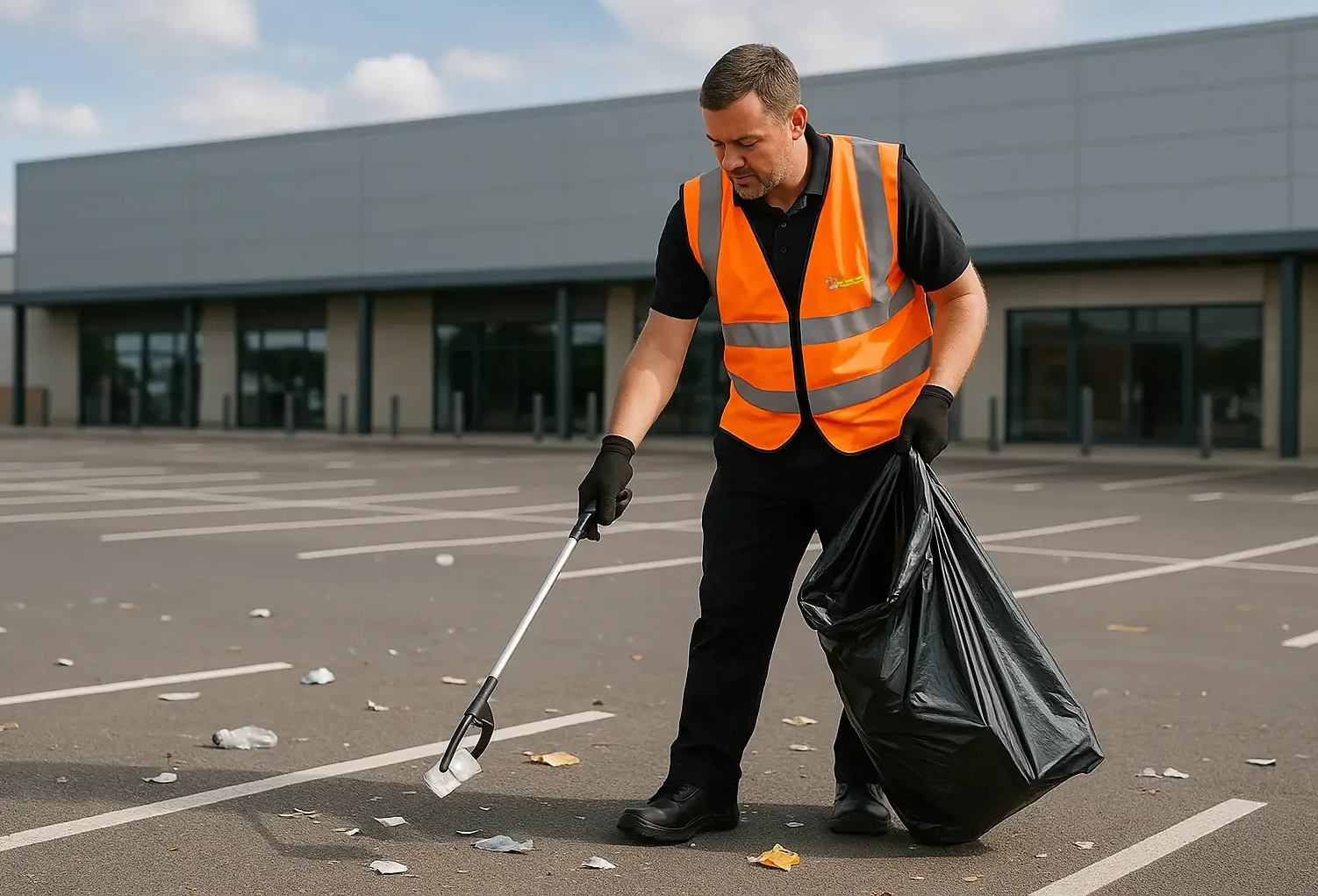 Clean Sweep Commercial team member litter picking in a Lincoln retail park car park, keeping bays clean and welcoming for visitors