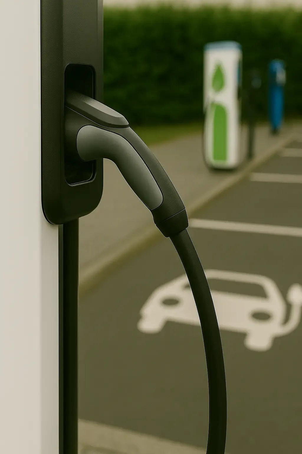 Close-up of EV charging cable connected to charge point in Lincoln car park