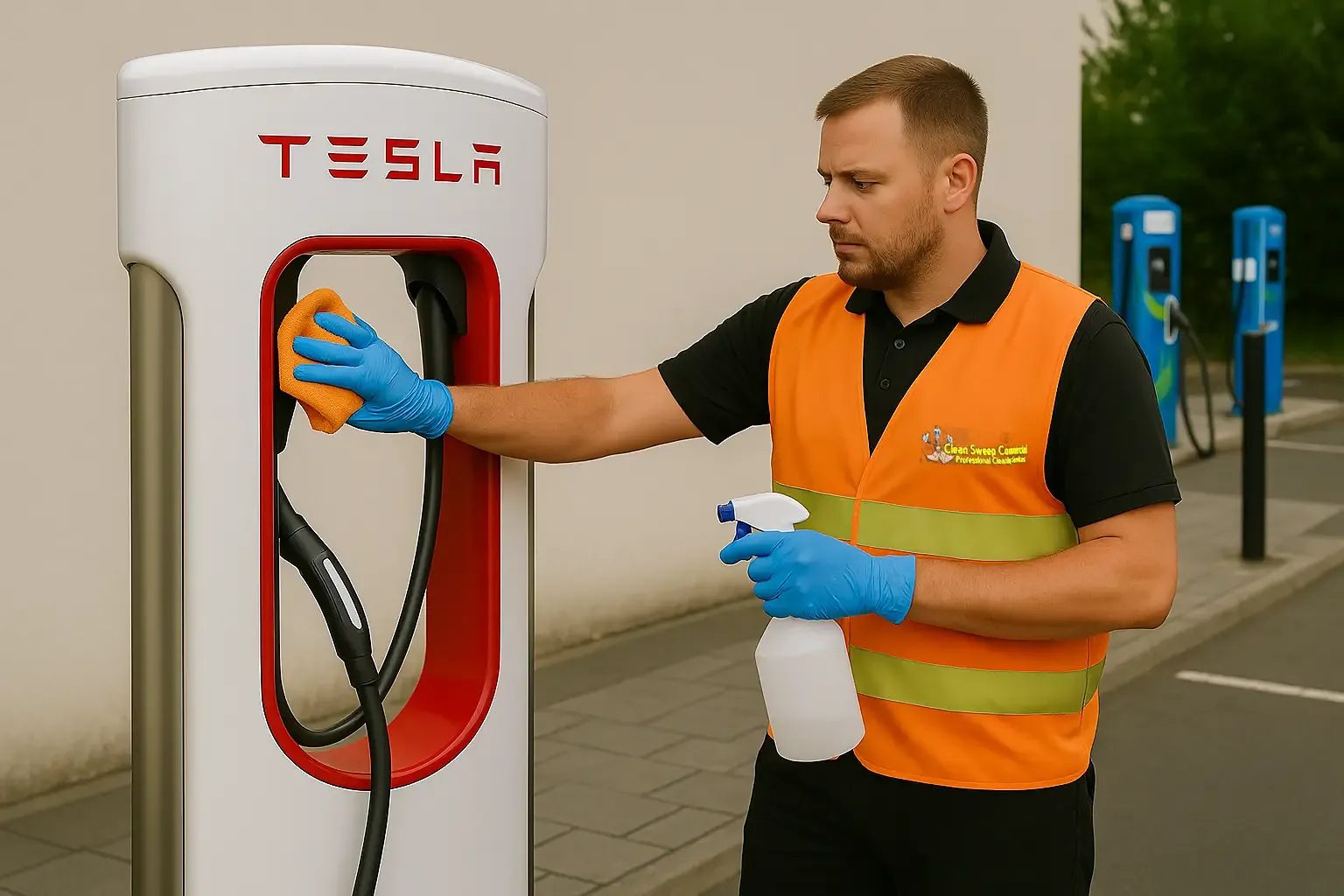 Clean Sweep Commercial staff member in hi-viz vest cleaning a Tesla EV charging station at a Newark retail park â€” professional charge point cleaning service