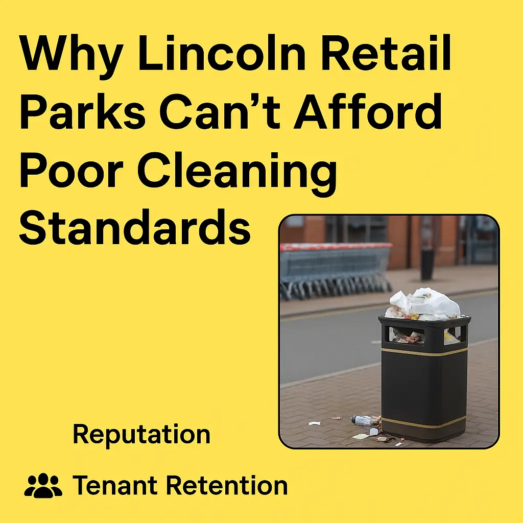 Yellow Clean Sweep Commercial blog header reading “Why Lincoln Retail Parks Can’t Afford Poor Cleaning Standards,” featuring an image of an overflowing bin with focus on reputation and tenant retention