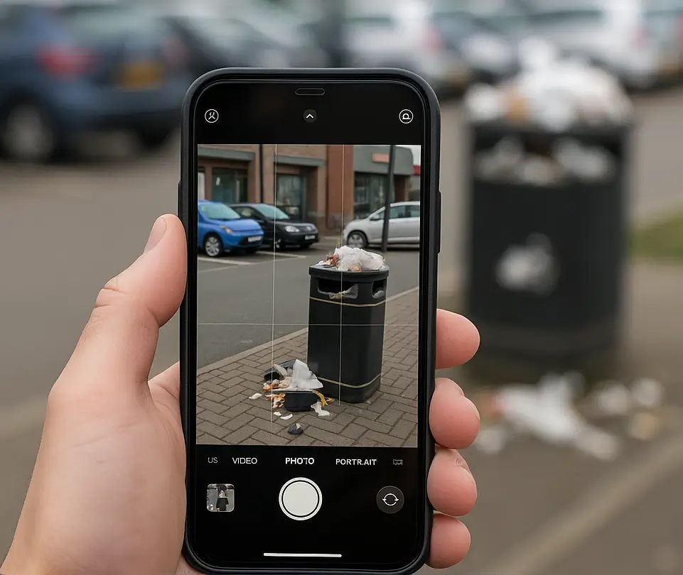 Person photographing an overflowing bin in a Lincoln retail park car park — representing social media backlash from poor cleaning standards