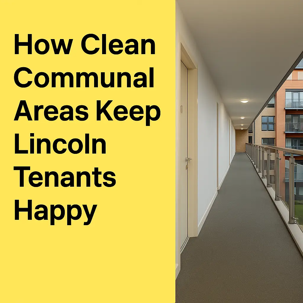 Modern Lincoln apartment block corridor kept spotless — bright, well-maintained communal walkway showing how professional cleaning improves tenant satisfaction and property image