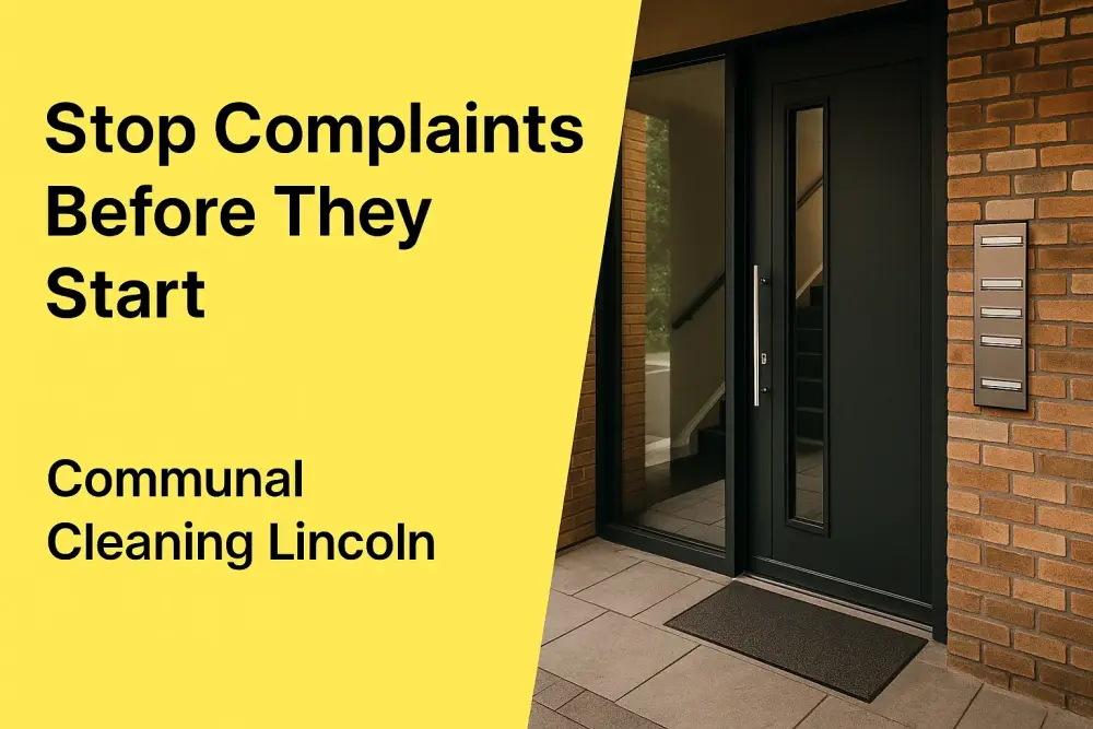 Modern Lincoln apartment entrance with clean doorway and bright brickwork — symbolising proactive communal area cleaning that prevents tenant complaints and protects property image