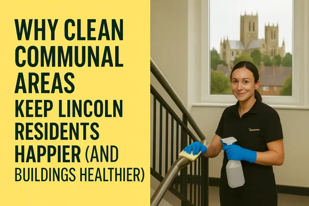 Smiling cleaner in a spotless Lincoln apartment stairwell with Lincoln Cathedral in the background, next to yellow branded header reading “Why Clean Communal Areas Keep Lincoln Residents Happier” — reflecting professional cleaning and local pride
