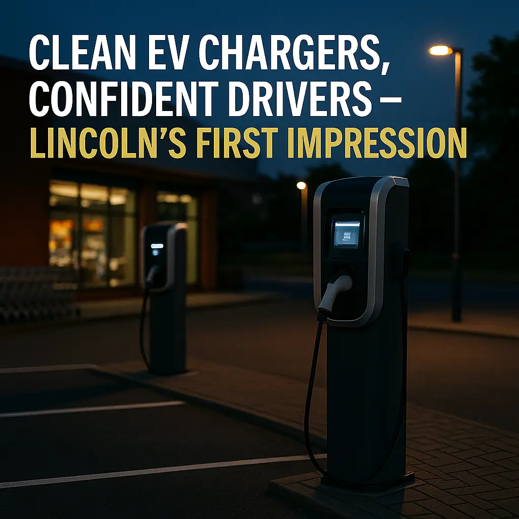 Clean and well-lit EV charging station in Lincoln at dusk with spotless bays, modern chargers, and reflective wet pavement — symbolising professionalism, attention to detail, and driver confidence