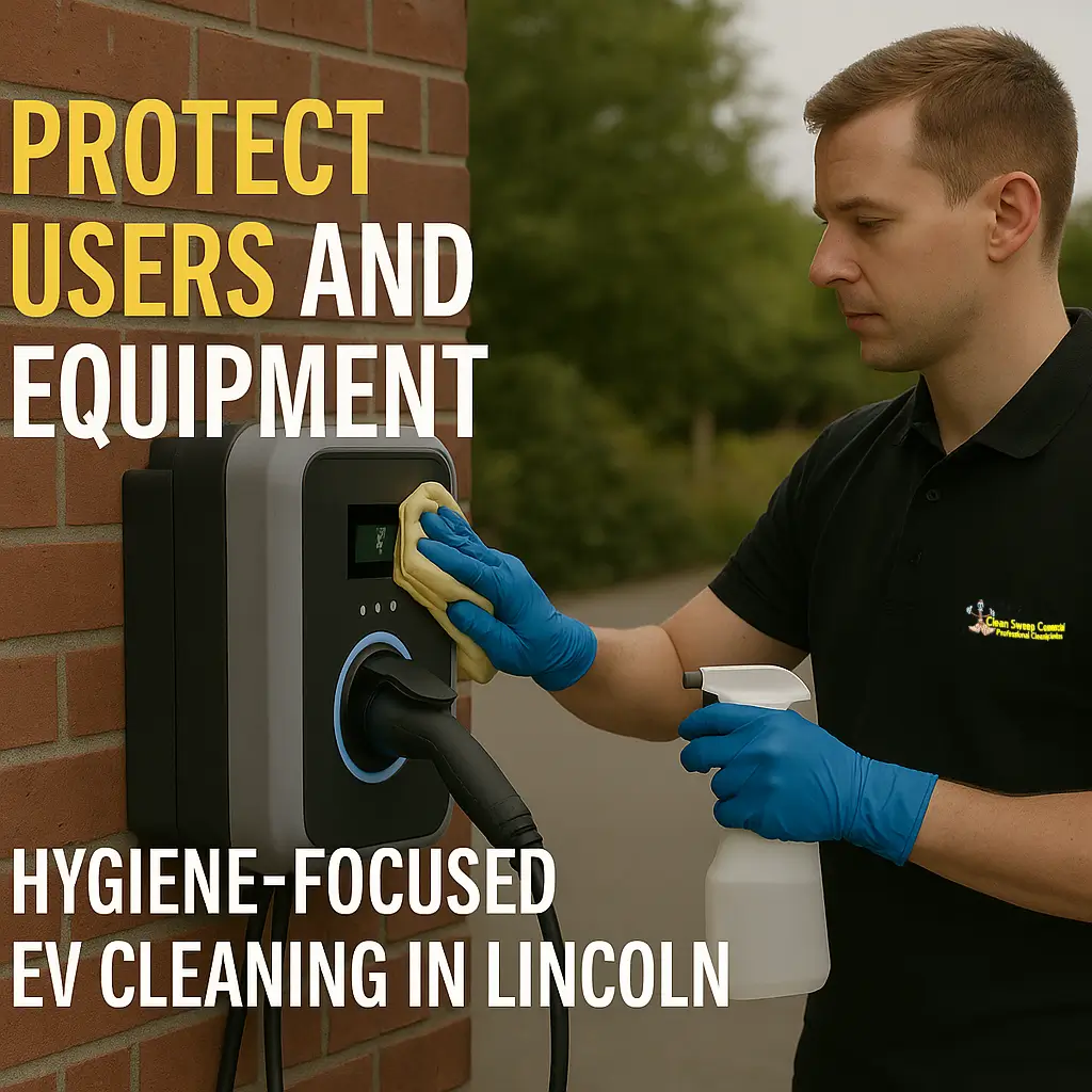 Cleaner in hi-vis wiping an EV charging unit in Lincoln car park