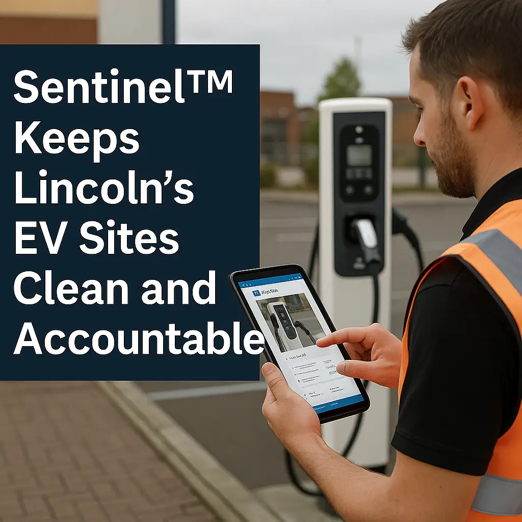 Cleaner in hi-vis using a tablet to record Sentinel audit data beside an EV charging unit in Lincoln car park.
