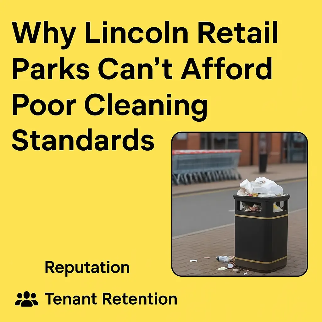 Full waste bin outside Lincoln retail park showing poor site standards