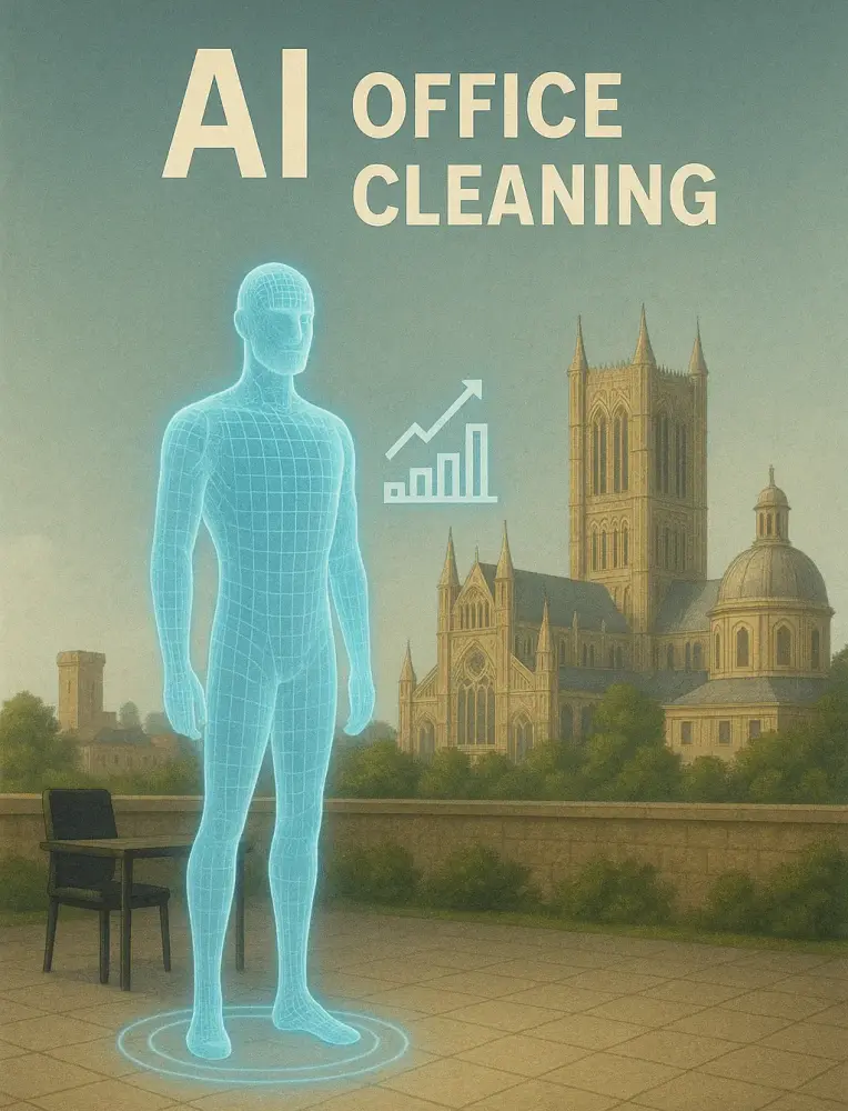 Futuristic AI-themed office cleaning image with Lincoln Cathedral, representing Clean Sweep Commercial’s smart cleaning innovation.