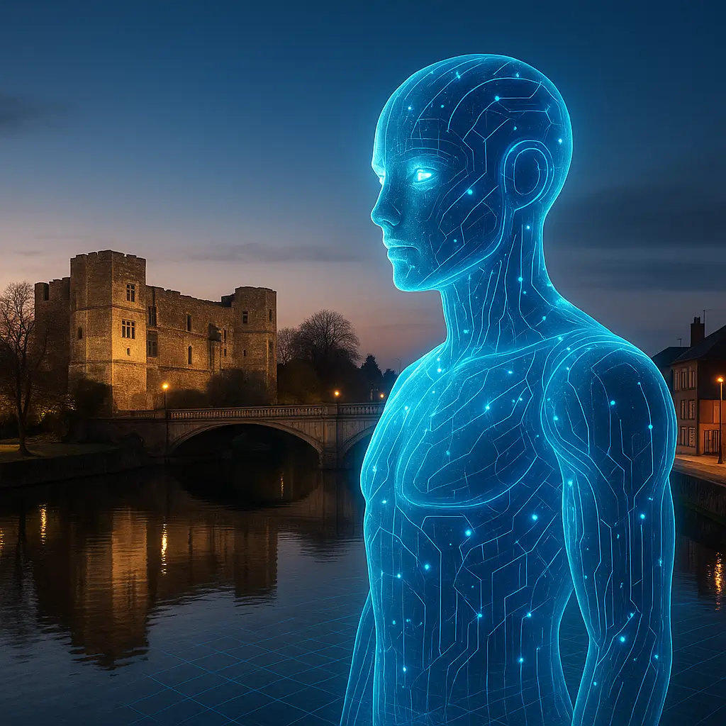 Futuristic holographic AI figure overlooking Newark Castle, symbolising smart office cleaning and Sentinel™ auditing technology