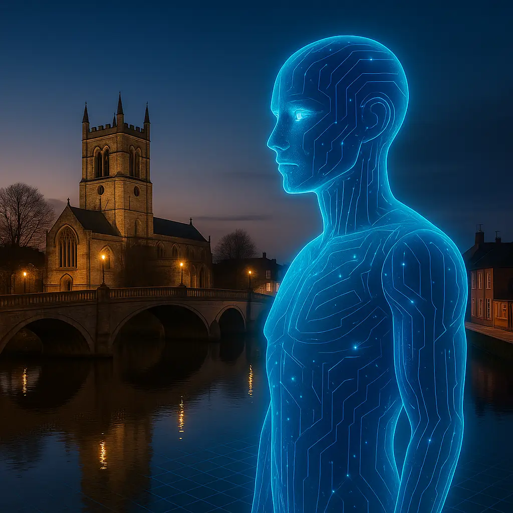 Futuristic blue AI figure overlooking Gainsborough Bridge and All Saints Church, symbolising AI-powered office cleaning innovation