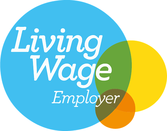 Living Wage Employer logo â blue and yellow circular badge recognising Clean Sweep Commercial as a certified Living Wage Employer