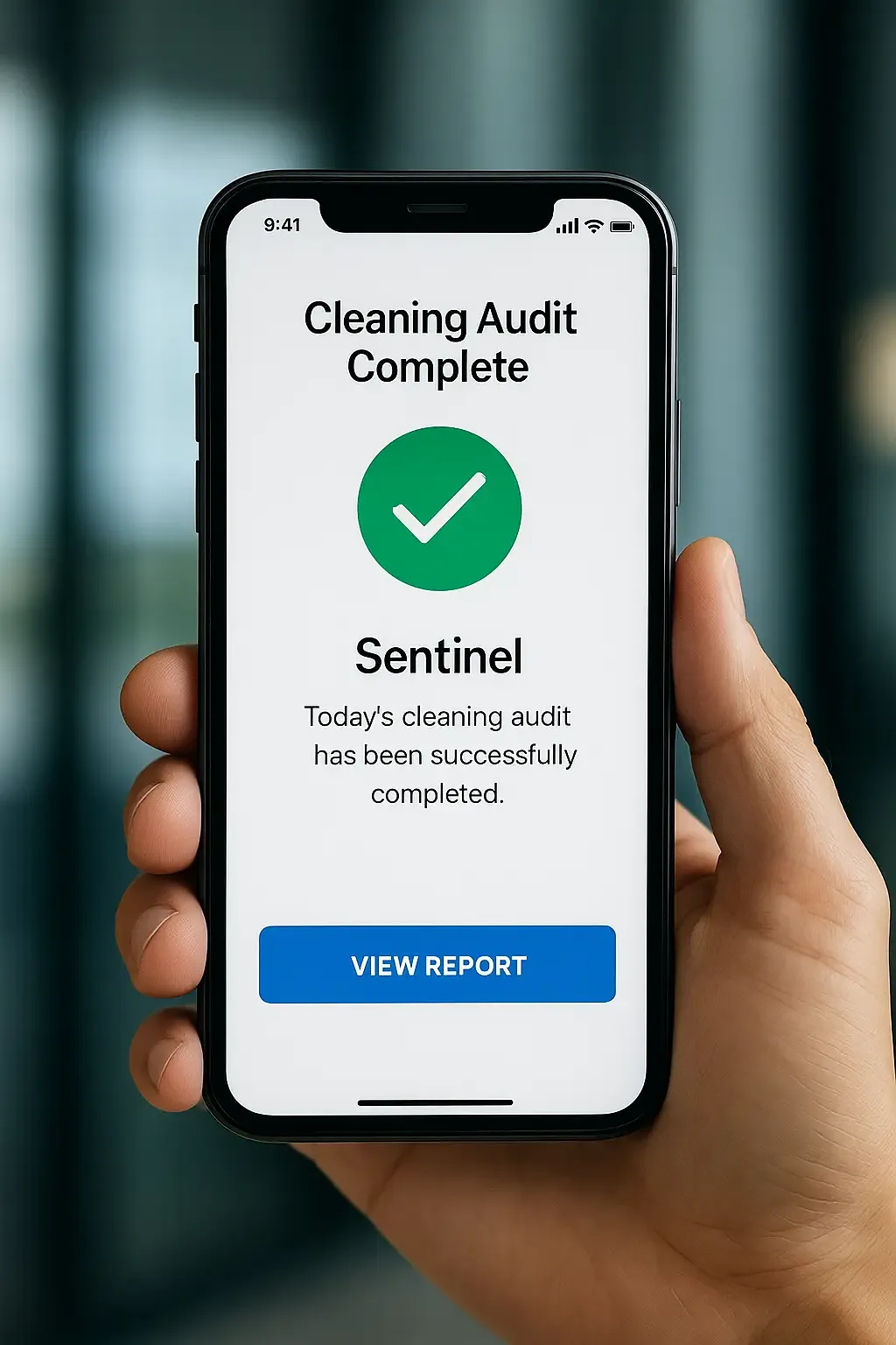 Hand holding a smartphone showing a completed Sentinel cleaning audit with a green checkmark