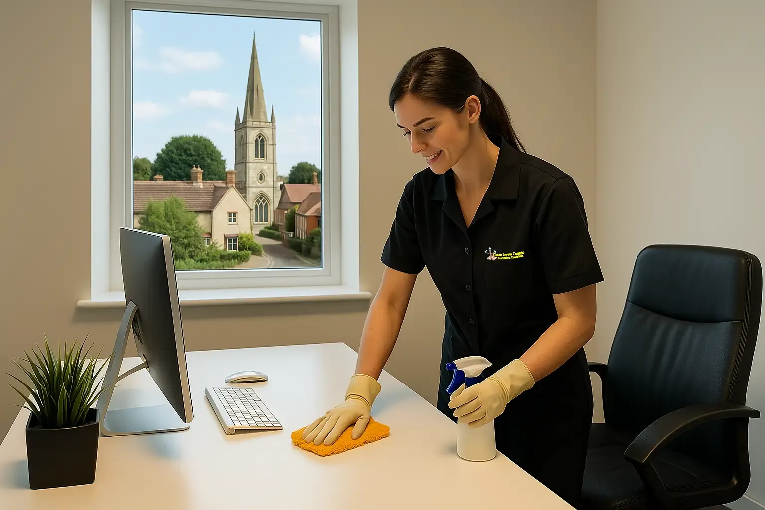 Office cleaner wiping a desk with Newark village church visible through the window