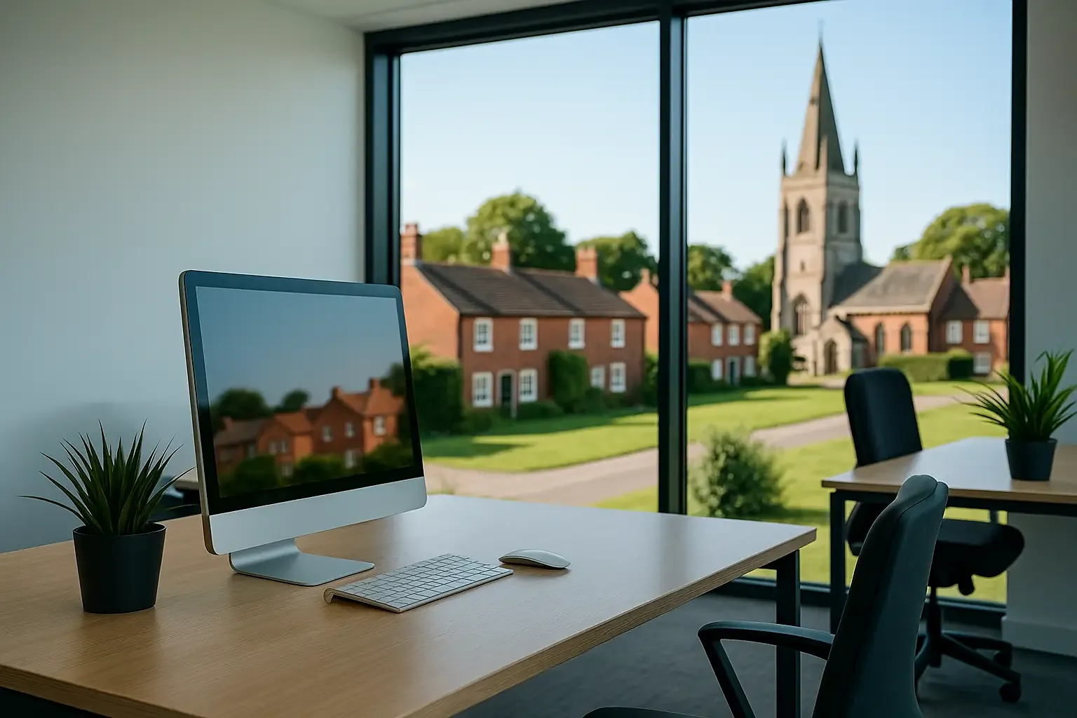 Modern office interior with a view of NG23 village houses and a church through large windows