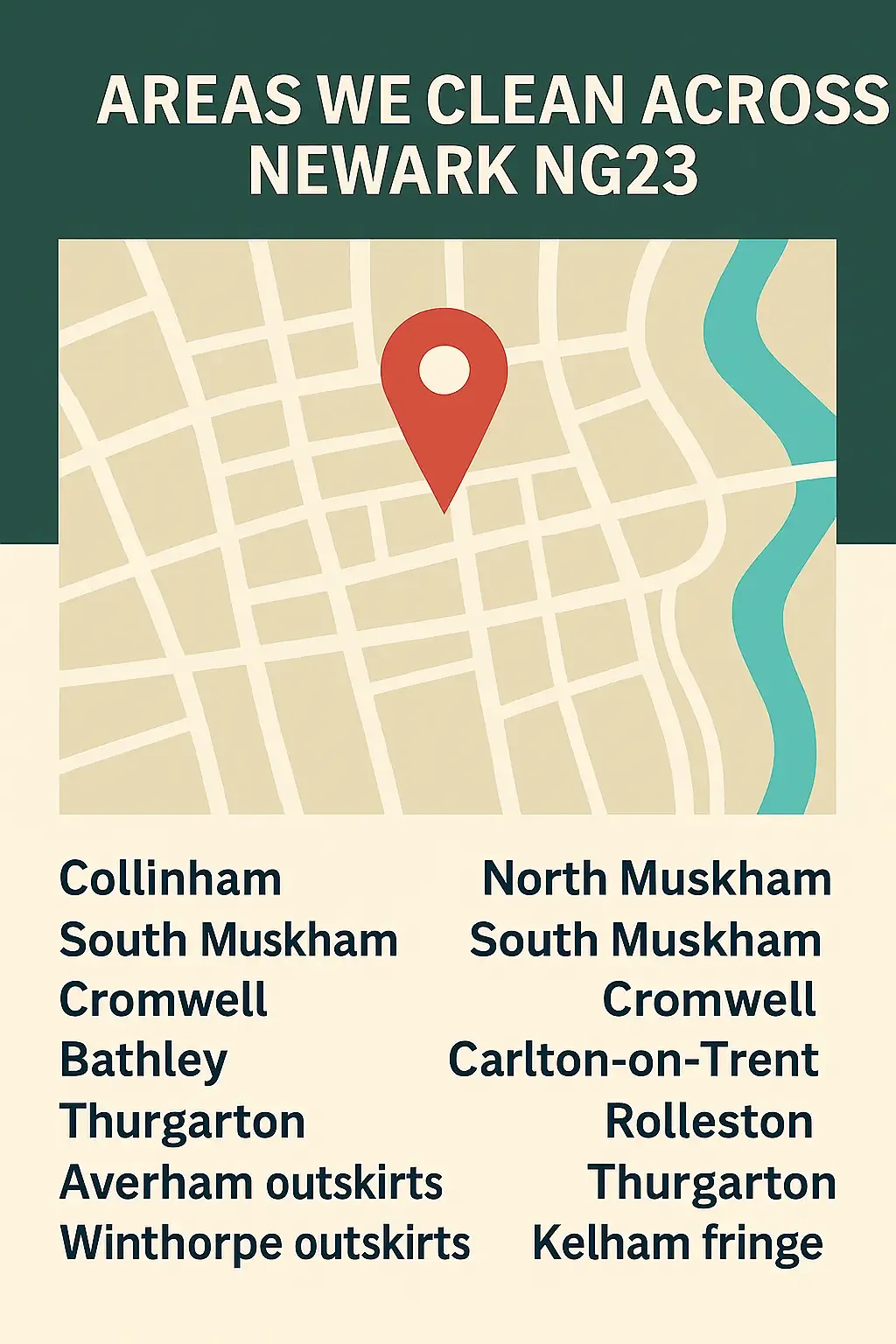 Branded map graphic highlighting the NG23 areas Clean Sweep covers, including Collingham, North Muskham, South Muskham and nearby villages
