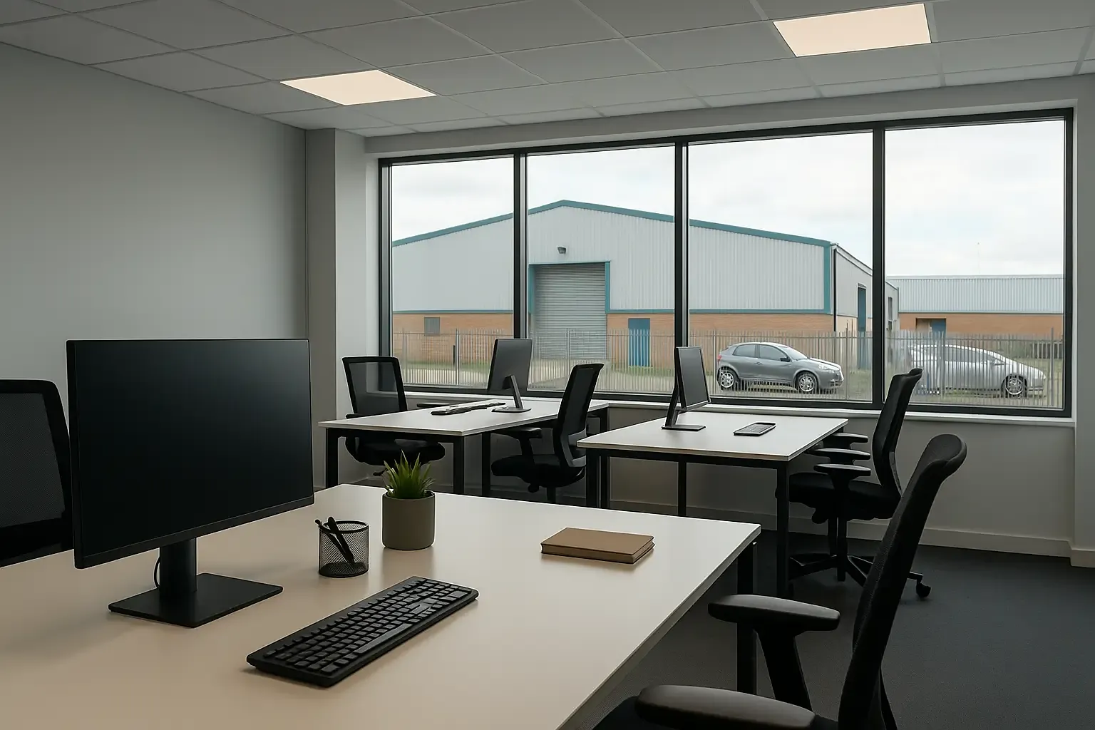 Office interior inside a Newark industrial estate with warehouse units visible outside