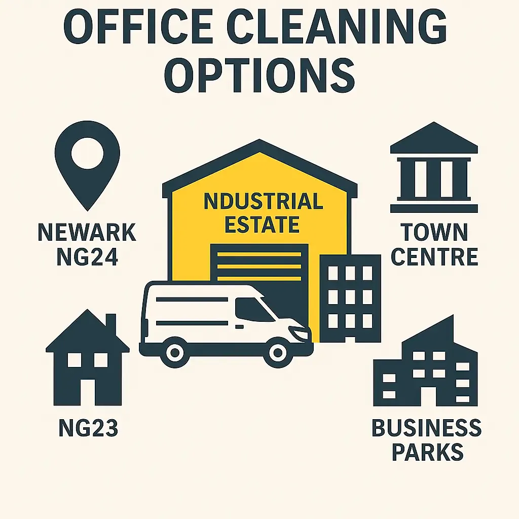 Flat graphic showing office cleaning options across Newark including industrial estates, business parks, NG24 and NG23 locations
