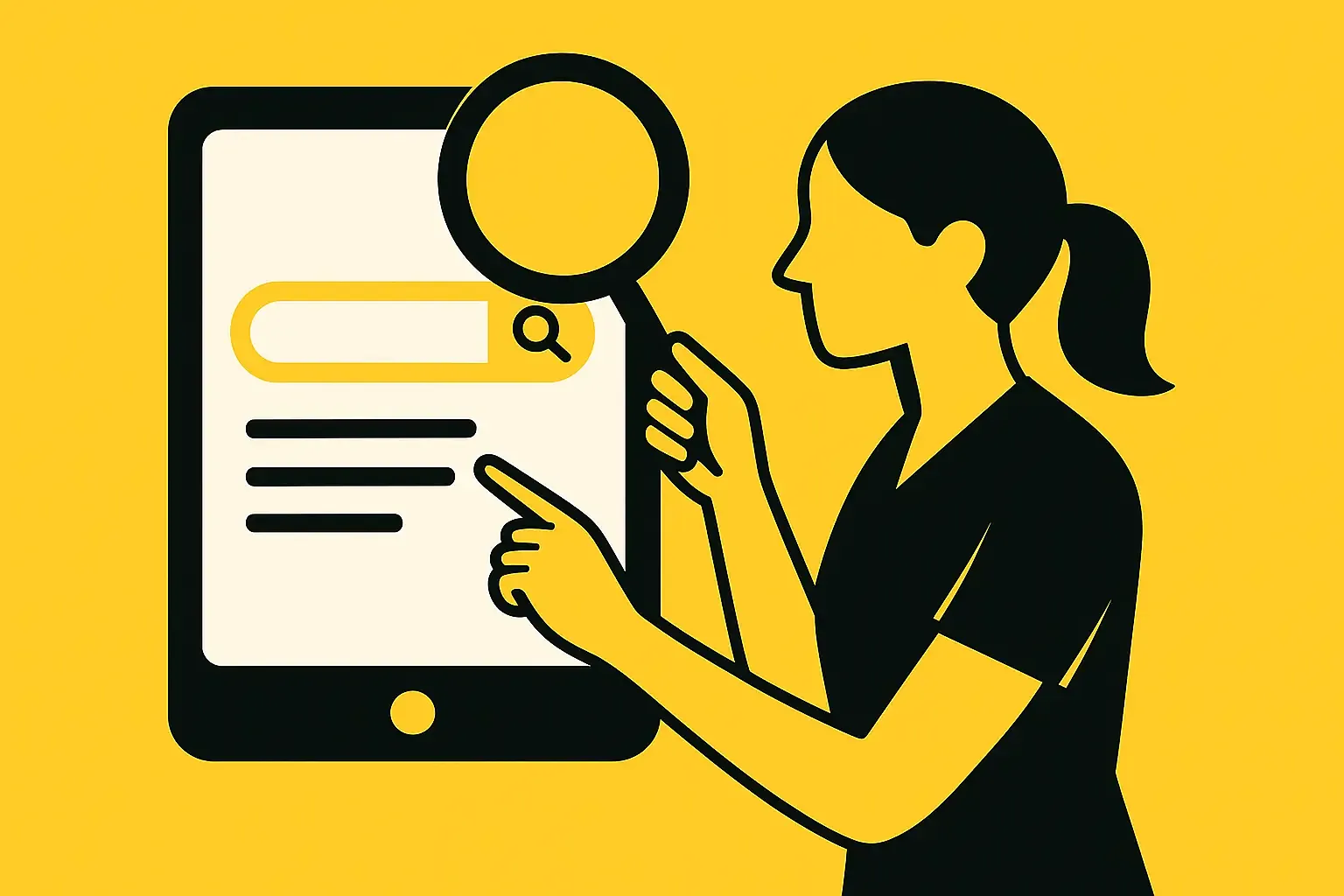 Flat illustration in Clean Sweep brand colours showing a person searching on a tablet with a magnifying glass icon