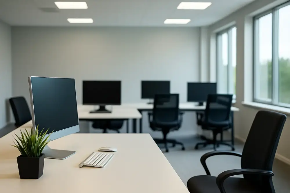 A clean, modern office workspace in Newark NG24 with desks, monitors and natural light, representing professional office cleaning services