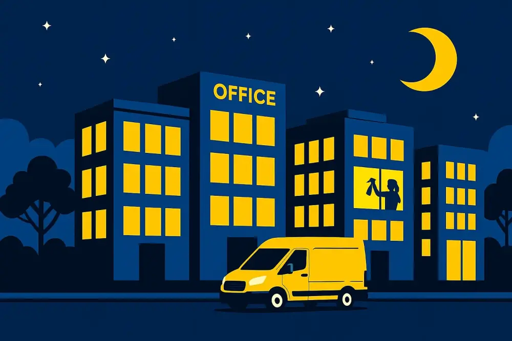 Night-time illustration of Newark office buildings with an out-of-hours cleaning van
