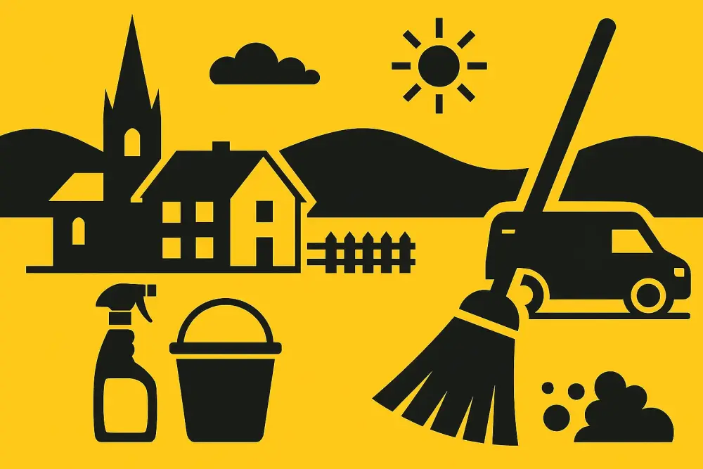 newark-ng23-night-cleaning-illustration Flat black-and-yellow illustration of Newark NG23 showing buildings, cleaning tools and a van, created in Clean Sweep Commercial brand colours
