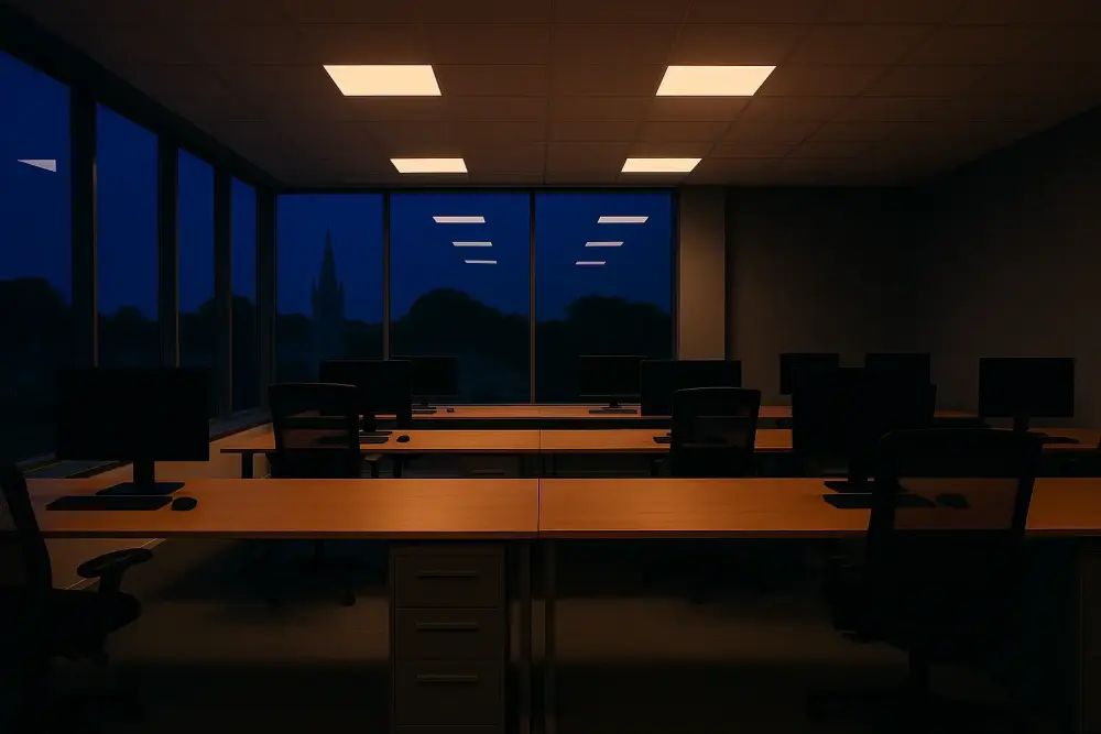 Modern Newark NG23 office at night, ready for out-of-hours cleaning