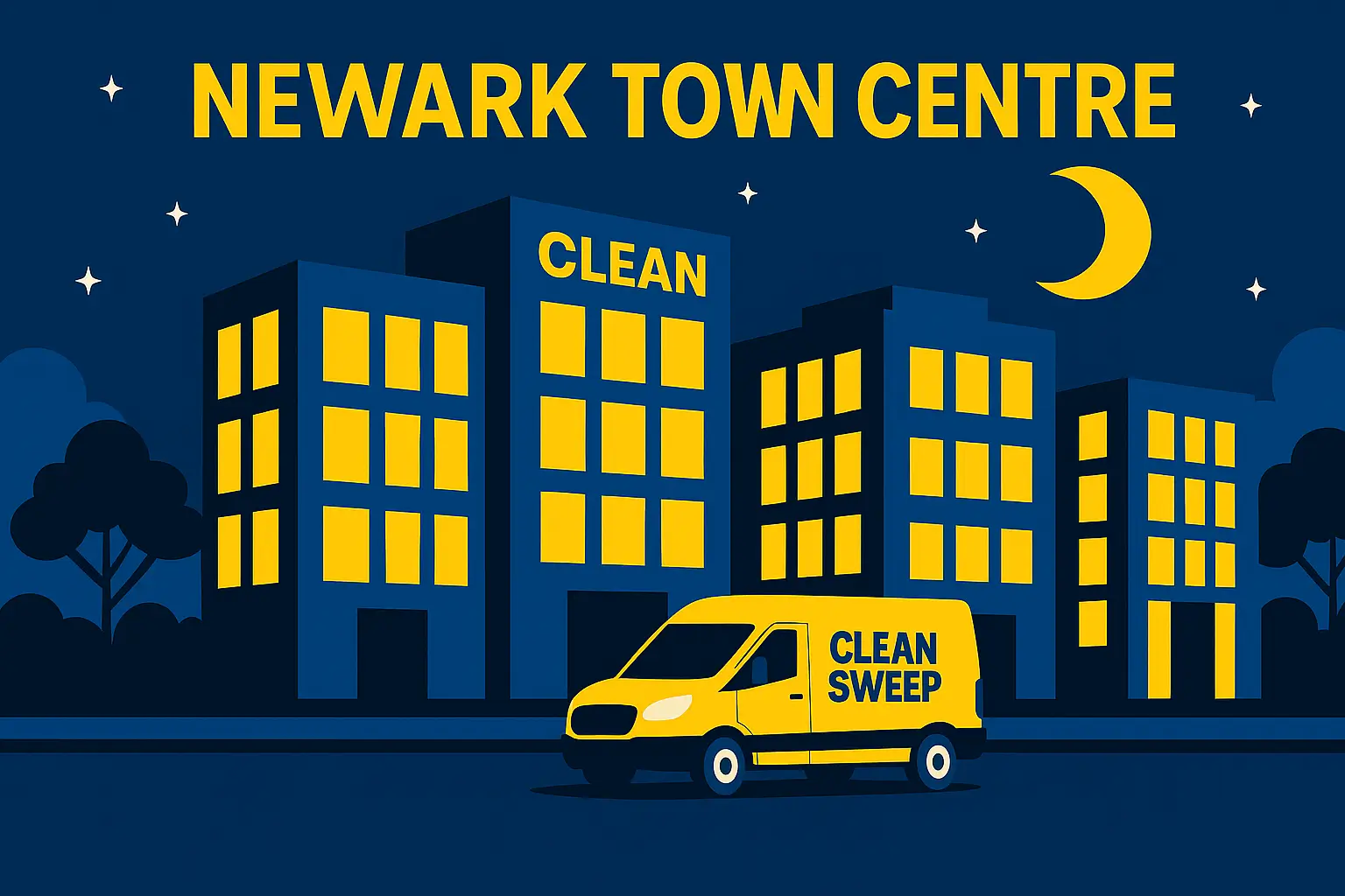 Clean Sweep Commercial van outside Newark Town Centre offices during night cleaning