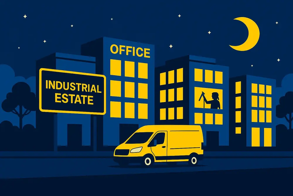Evening office building lights on at Newark industrial estate with Clean Sweep van outside