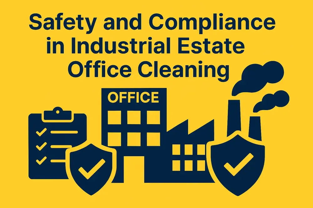newark-industrial-cleaning-safety-compliance Illustration showing office and industrial buildings with compliance checklists and safety shields in Clean Sweep brand colours