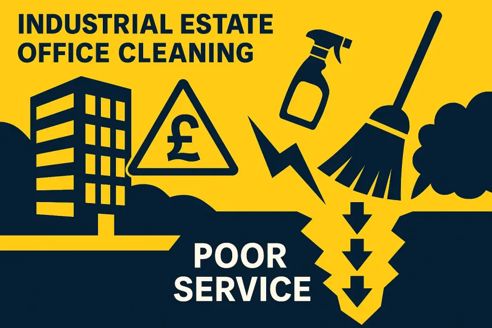 Graphic illustration showing risks of choosing cheap office cleaning on Newark Industrial Estates, including poor service and higher long-term costs