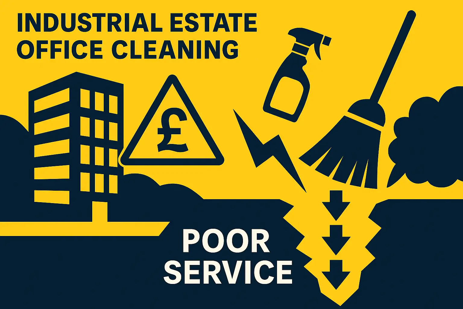Illustration showing poor office cleaning on Newark industrial estates, highlighting low-cost services leading to reduced quality