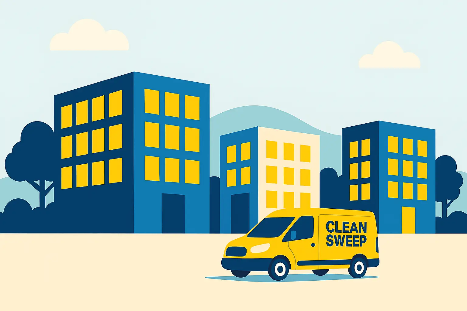 Illustration of Newark business park buildings with a Clean Sweep Commercial van
