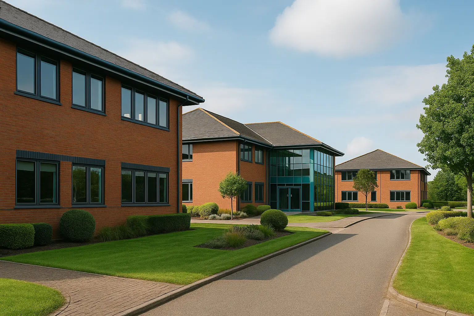 Daytime view of Newark business park with modern brick offices and landscaped grounds
