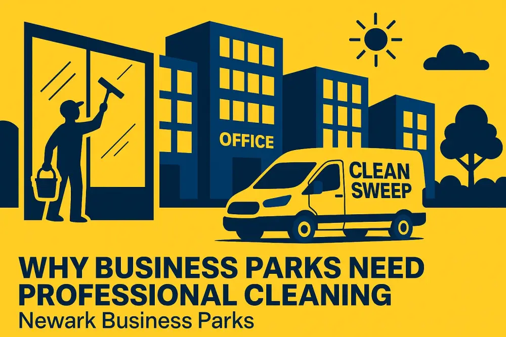 Flat yellow and navy illustration of Newark business park buildings with a Clean Sweep van and cleaner, representing professional office cleaning