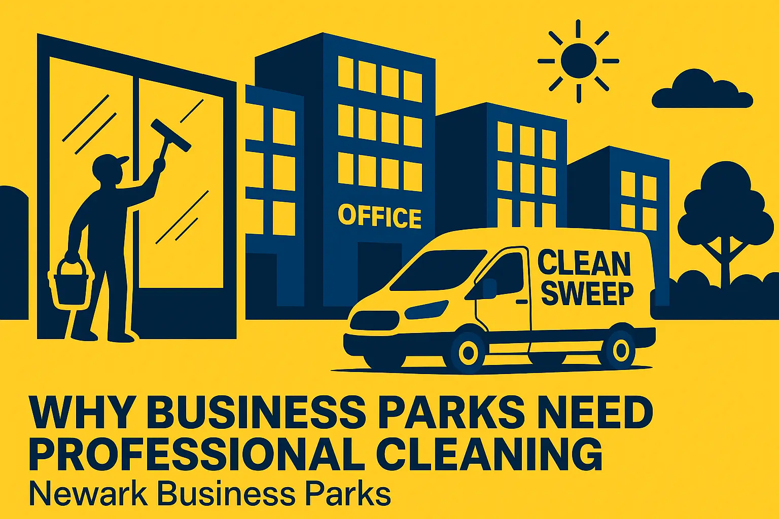 Illustration showing office buildings and cleaning services in Newark business parks