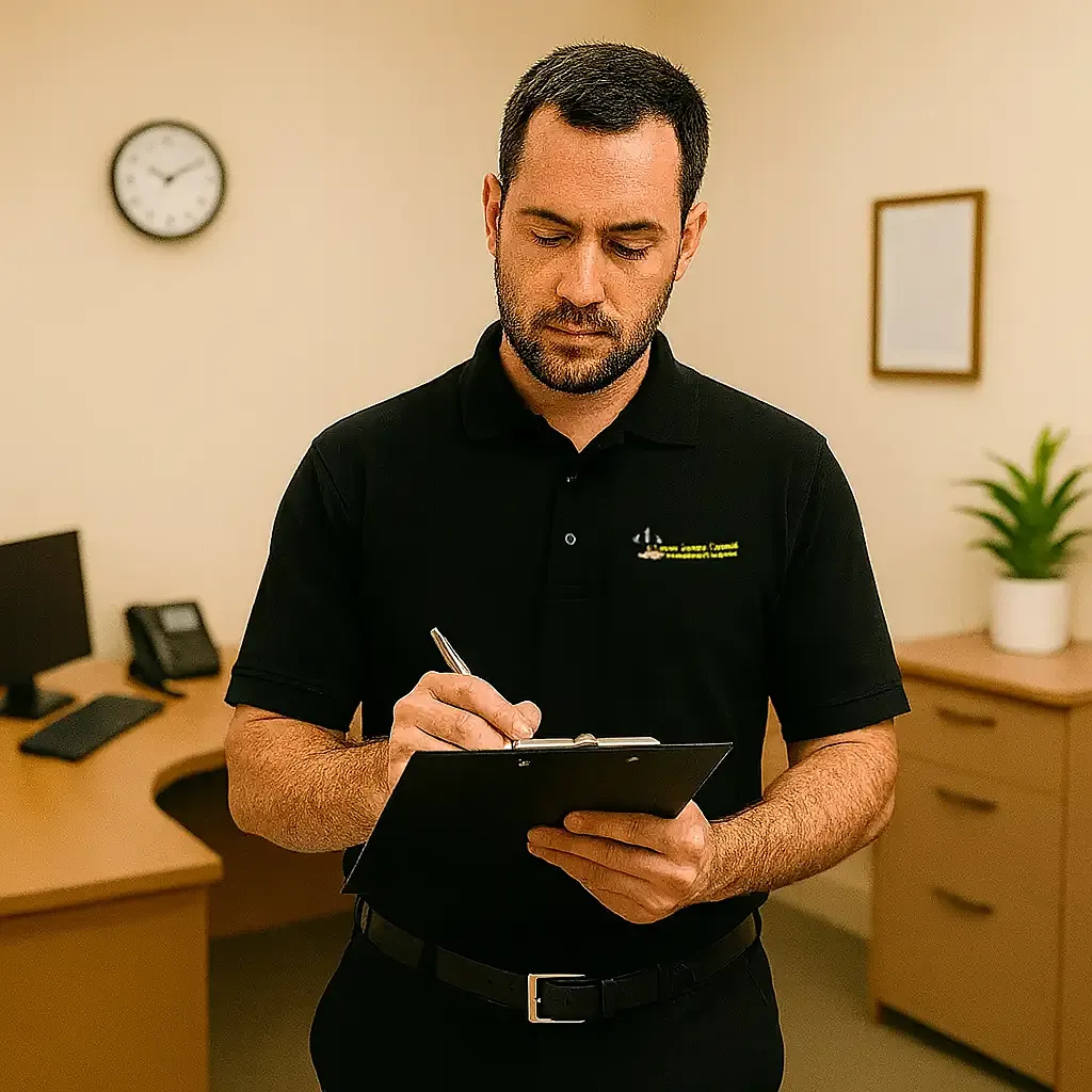 Uniformed Clean Sweep Commercial staff member completing a cleaning walkthrough checklist on a clipboard