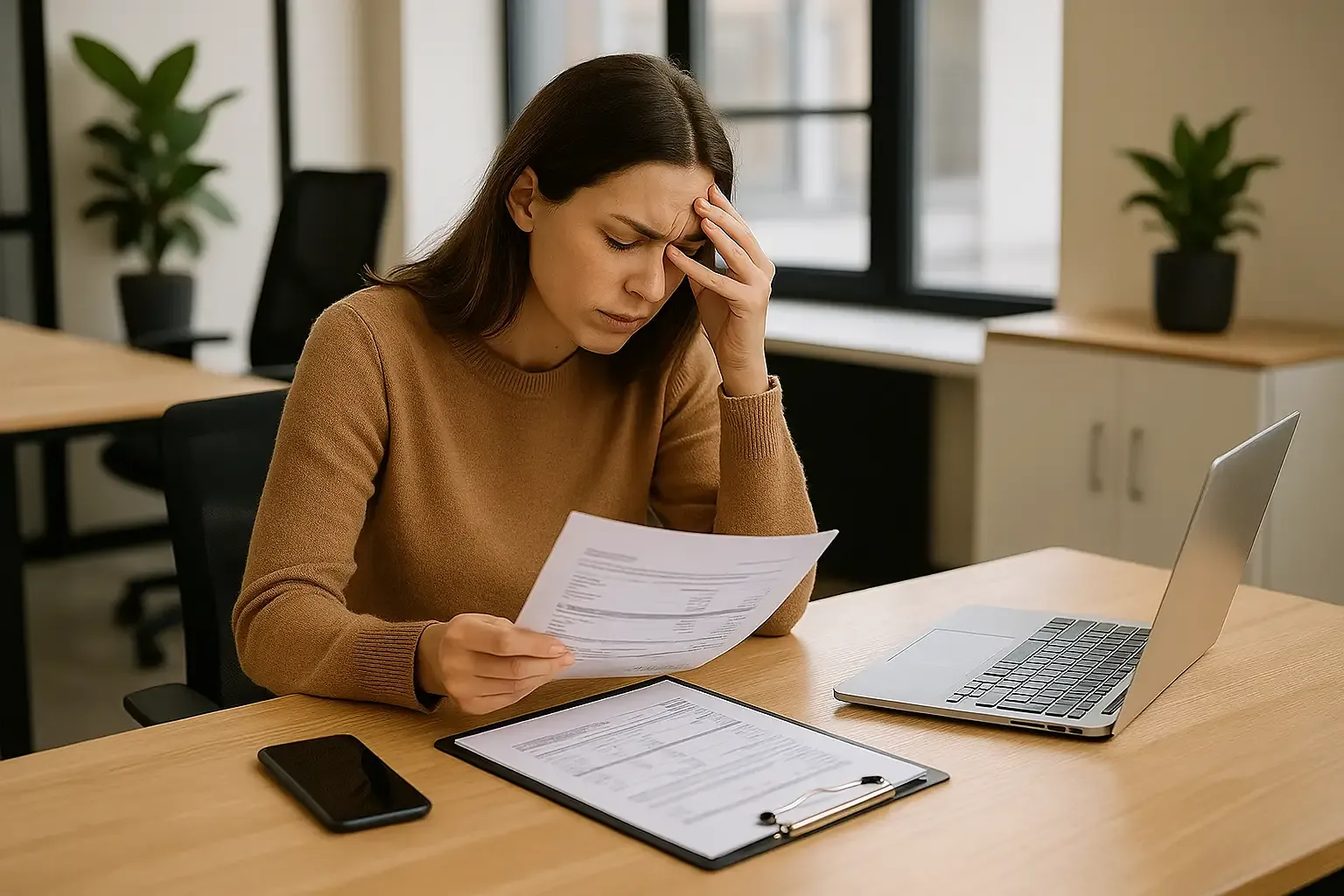 Office manager in Lincoln stressed while reviewing rising cleaning costs and paperwork at her desk