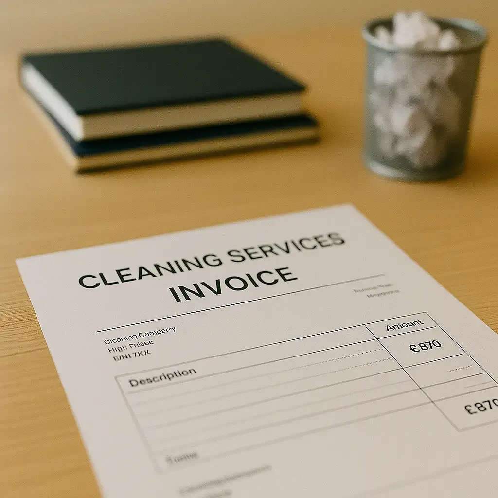 Cleaning services invoice on office desk highlighting costs and budget clarity for businesses