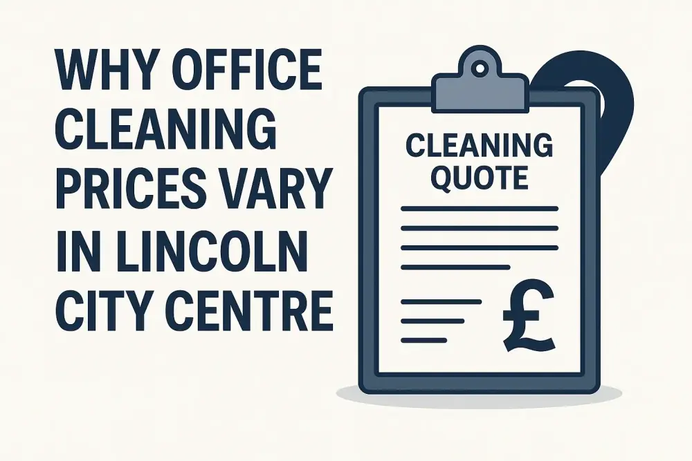 Illustrated graphic showing a clipboard titled “Cleaning Quote” beside bold text reading “Why Office Cleaning Prices Vary in Lincoln City Centre,” used as a header image for an office cleaning pricing blog