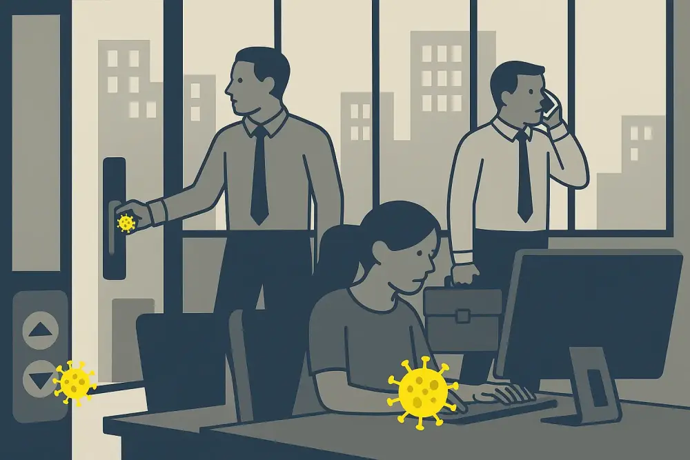 Illustration of a busy city centre office showing staff interacting with contaminated touchpoints, highlighting germs on door handles, keyboards and lift buttons