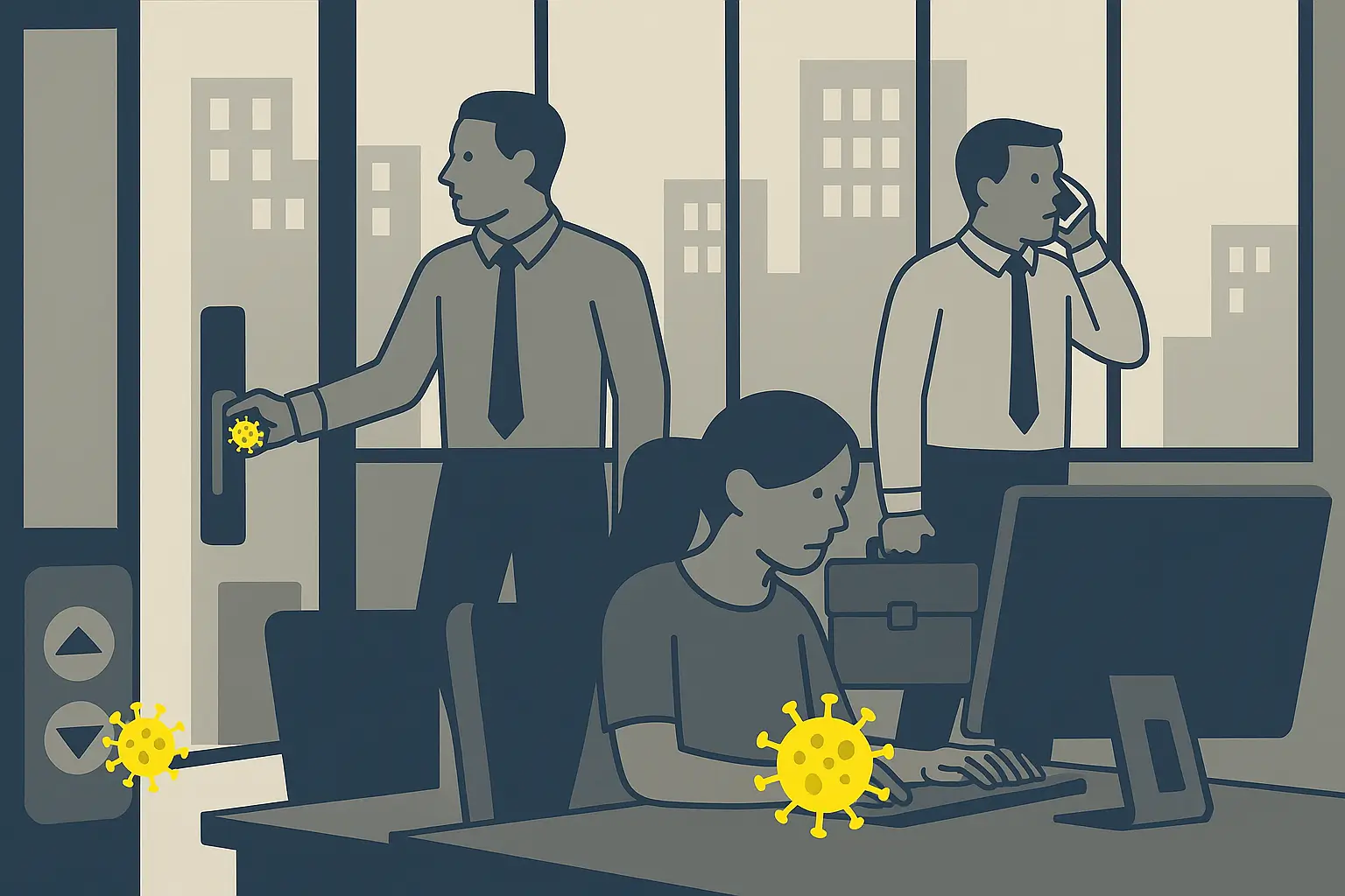 Illustration of germ contamination on touchpoints in a busy office