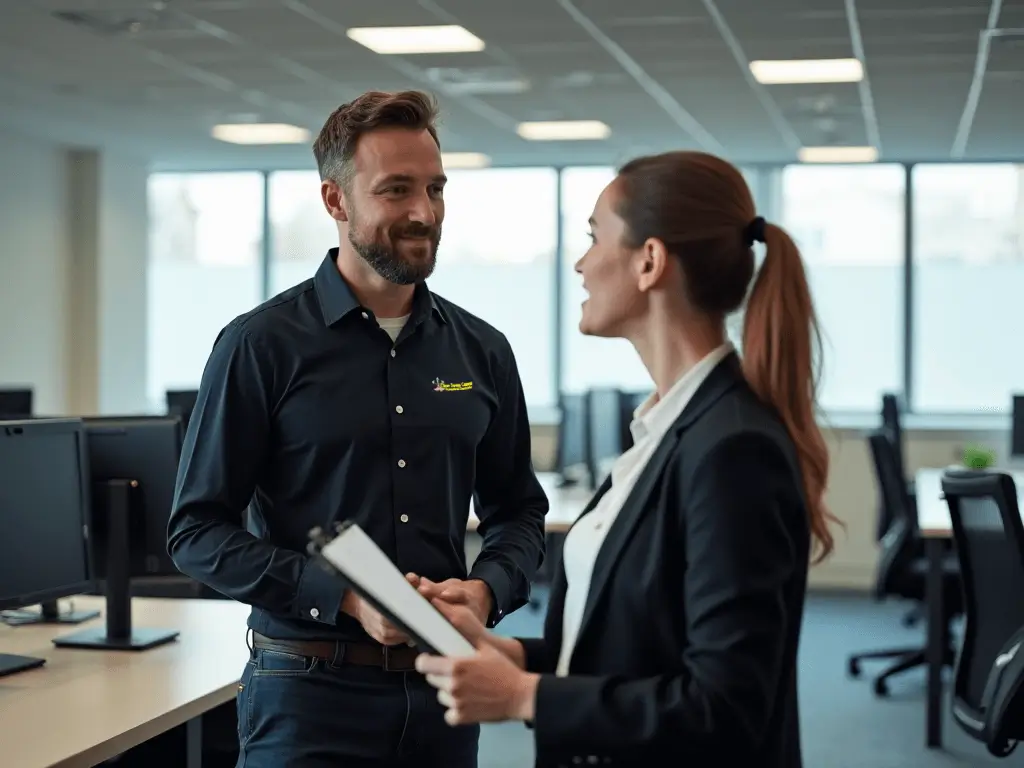 A Clean Sweep Commercial representative discussing cleaning requirements with a business manager during an office walkthrough inside a modern Lincoln City Centre workspace
