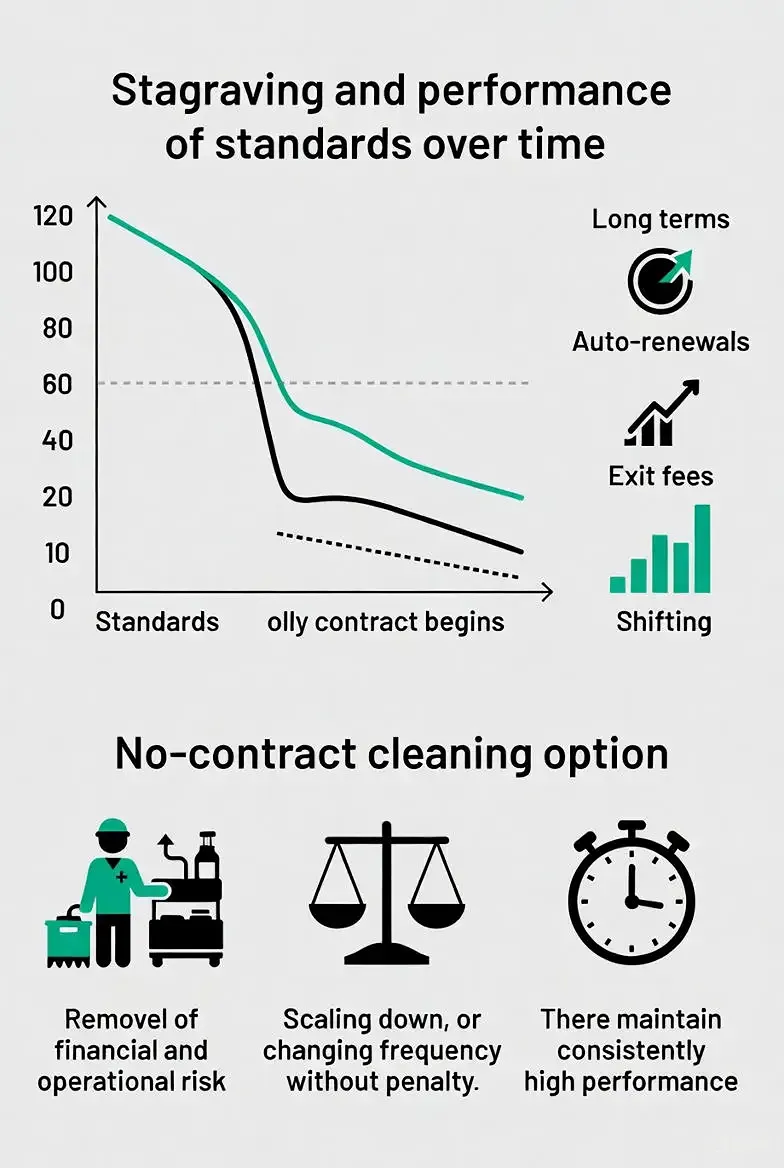 Graph illustrating decline in cleaning standards over time due to long contracts, auto-renewals, exit fees and shifting service levels