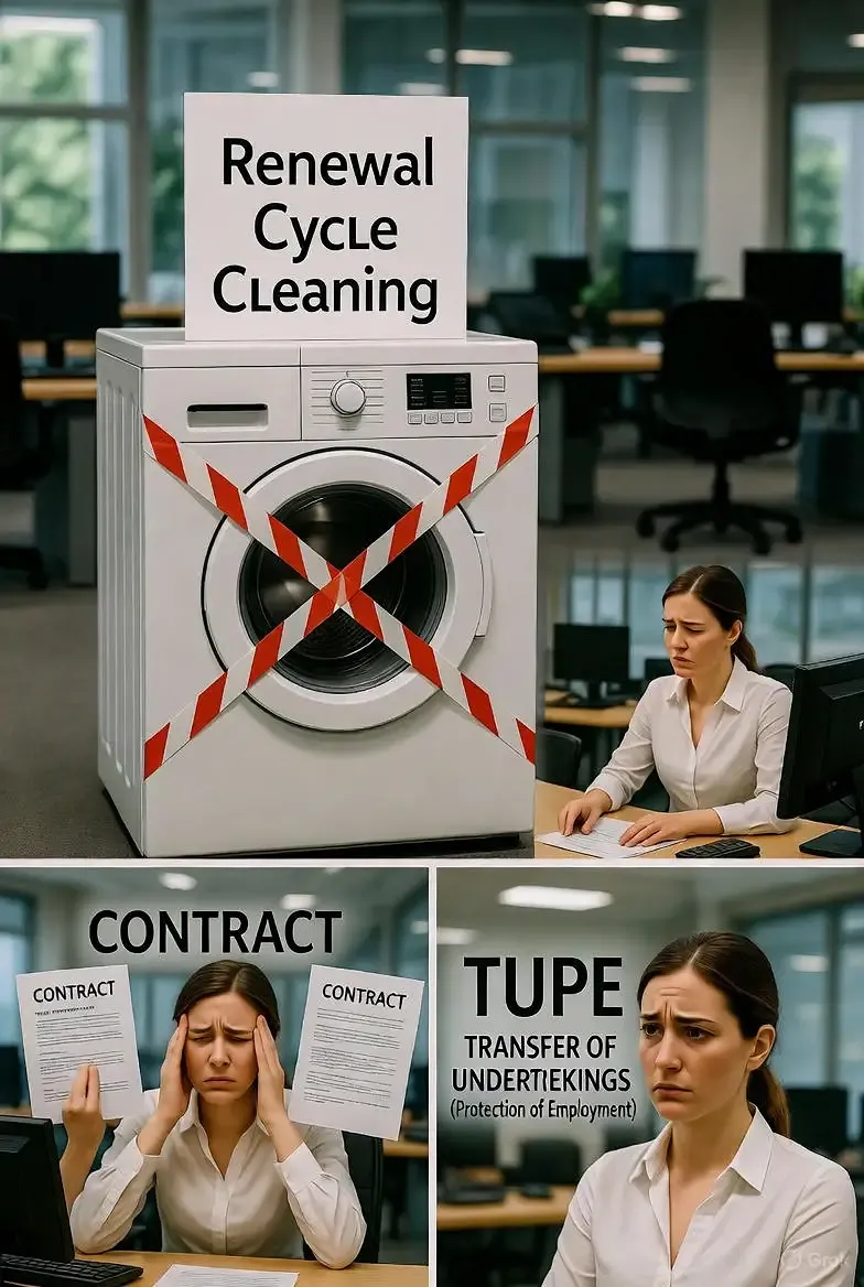 Retford office worker frustrated by rigid cleaning contracts, renewal-cycle decline and TUPE concerns, shown through a visual graphic of renewal-cycle cleaning problems