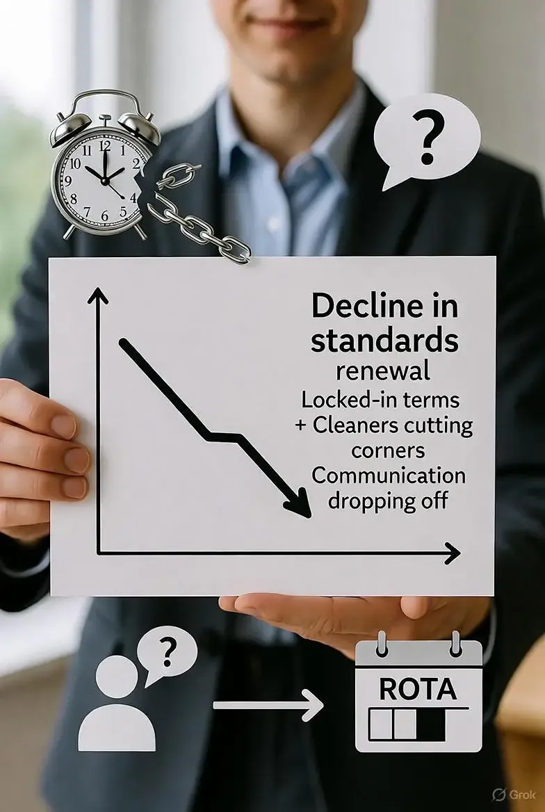 Illustration showing decline in cleaning standards over time without structured supervision or audits