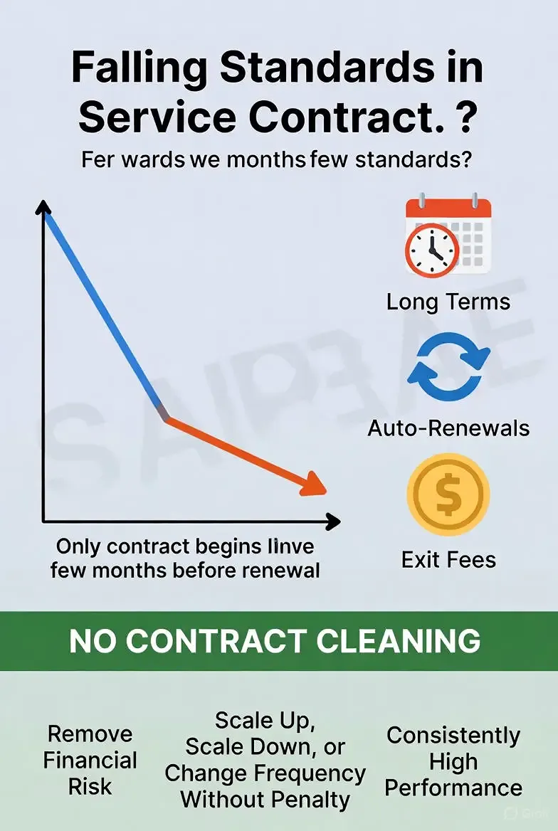 Infographic showing how long-term cleaning contracts lead to falling standards, auto-renewals and exit fees