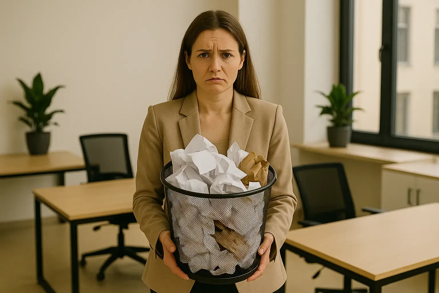 Office manager holding an overflowing bin highlighting missed commercial cleaning tasks