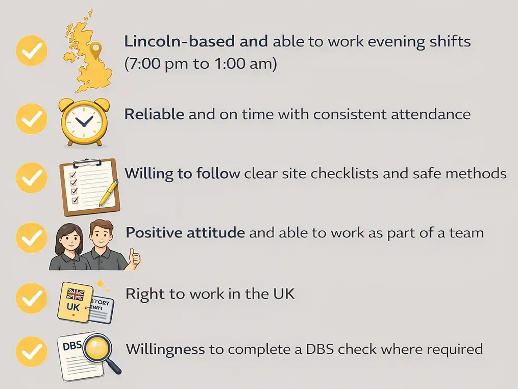 Graphic summary of evening cleaning role requirements in Lincoln, covering shift availability, reliability, safe methods, right to work and DBS
