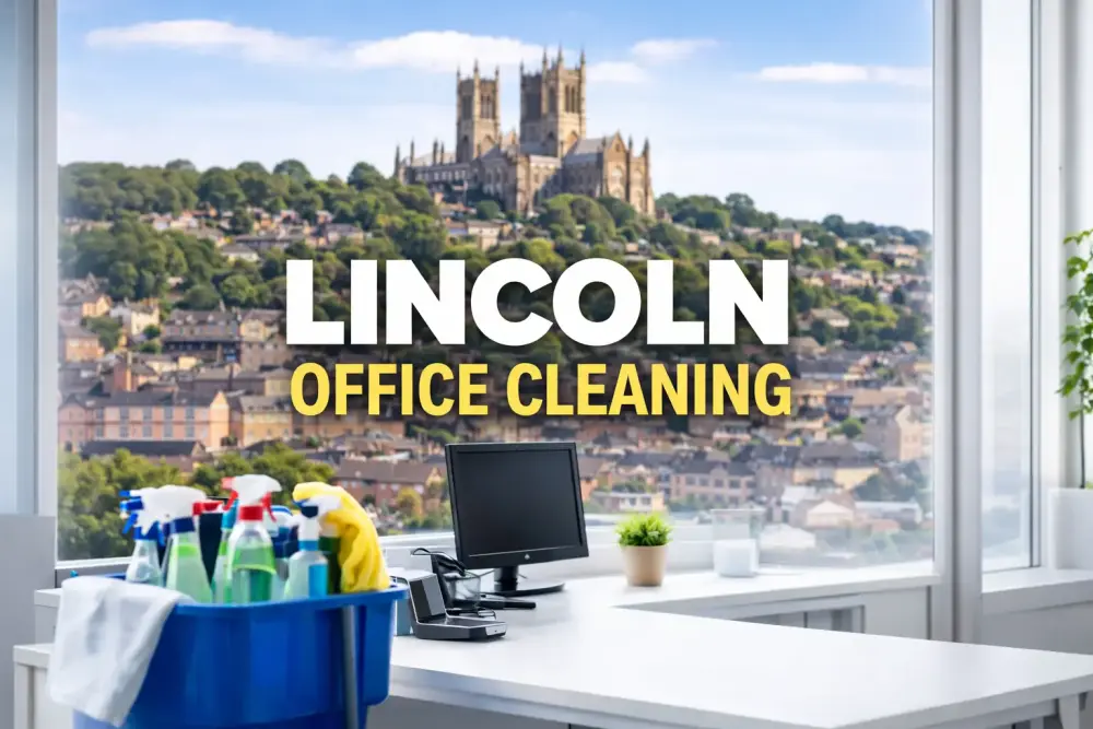 Professional office cleaning in Lincoln with city view and cleaning equipment